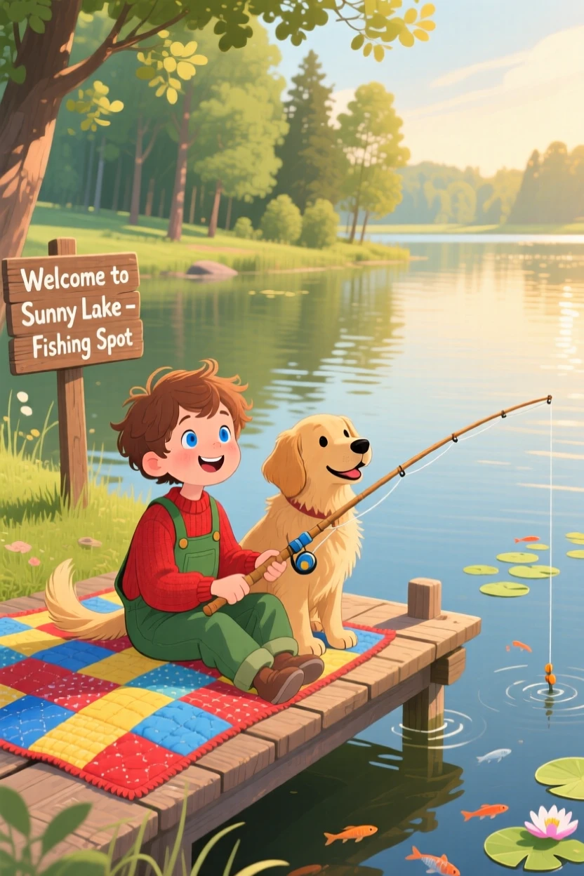 A shy young boy laughs while fishing together at a quiet lake together with a beloved family dog, with a homemade quilt spread beneath them.
