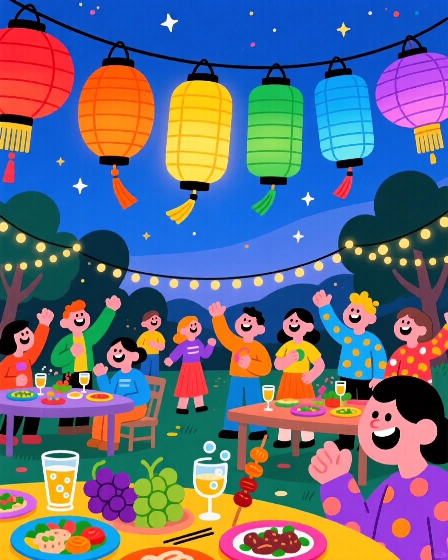 A row of colorful lanterns strung above an outdoor evening gathering.
