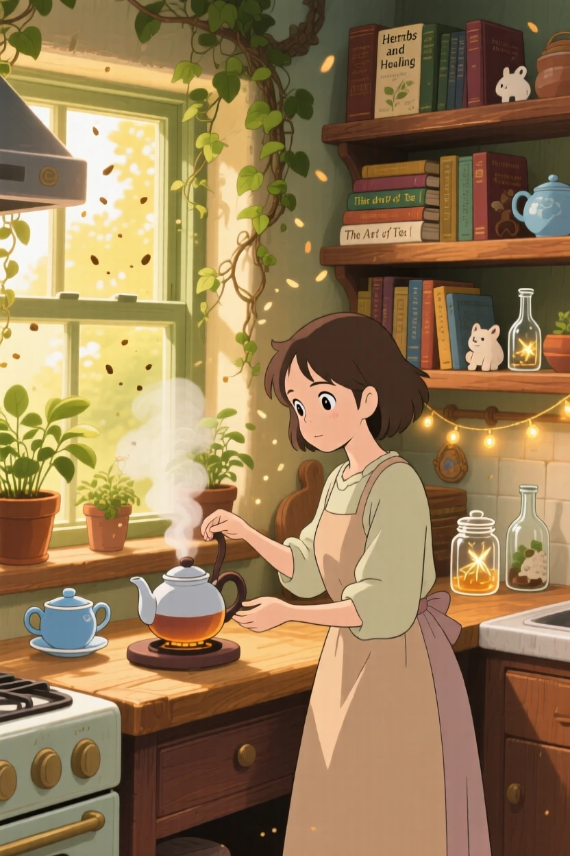 A woman brewing tea in a sunlit kitchen, shelves lined with books and small trinkets, the whole scene feeling quietly content.