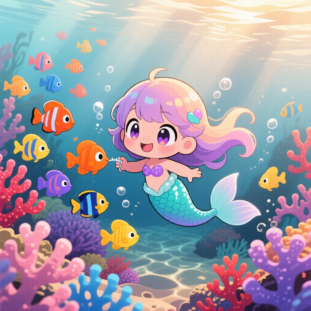 High aerial view: a mermaid child, playing tag with a school of colorful fish, set against a vibrant coral reef on a misty foggy morning, with warm lamplight and a mood of quiet contentment.