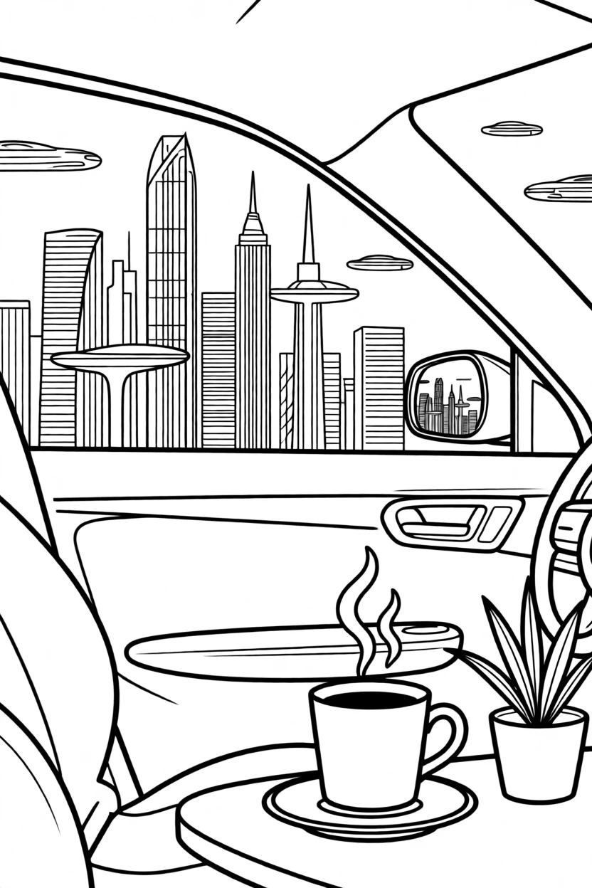 A futuristic city skyline viewed through a car window, with a cup of coffee steaming nearby.