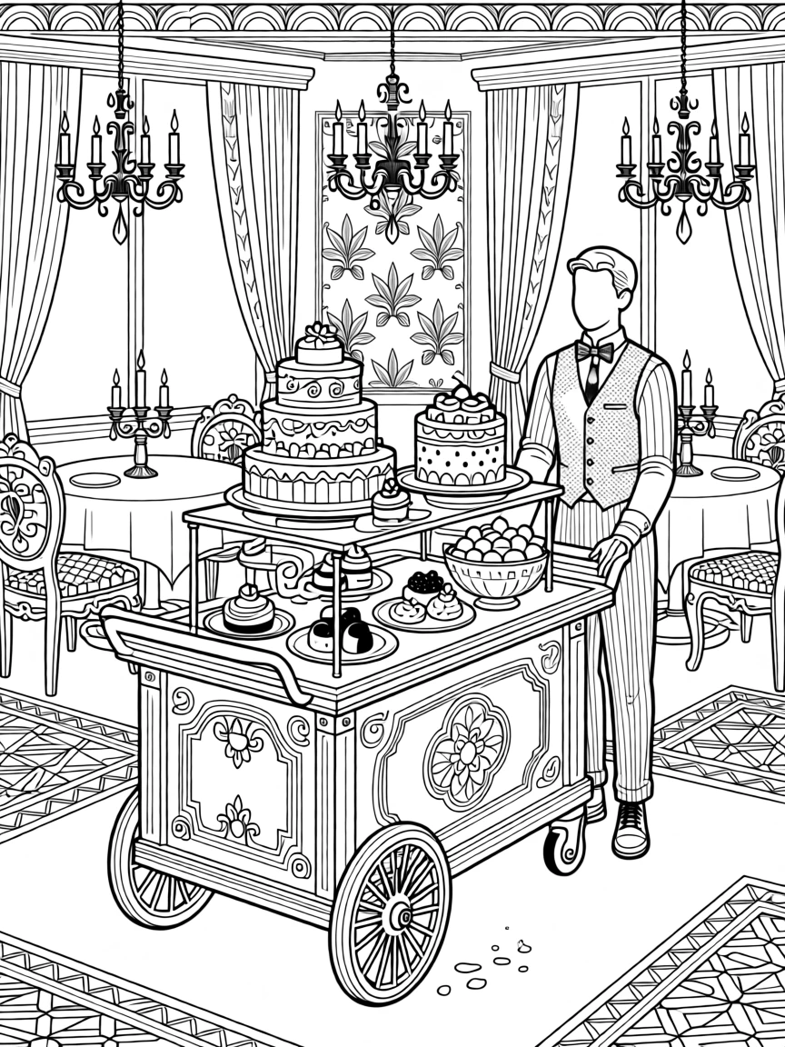 A gourmet dessert cart scene rolling through a candlelit restaurant.