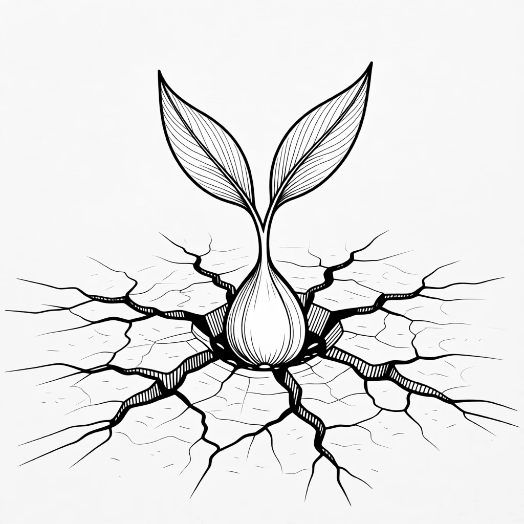 A single seed sprouting through cracked earth symbolizing hope