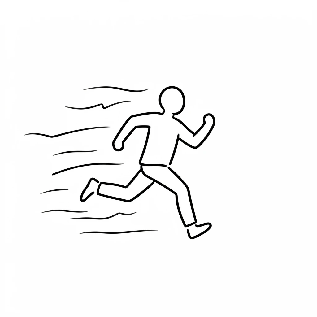 Minimalist black-and-white illustration of a person running with motion lines, emphasizing speed and energy in a clean, simple design.