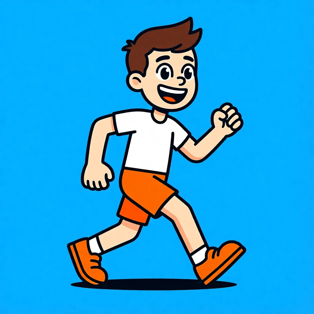 Cartoon character walking energetically in orange shorts and shoes, set against a bright blue background.