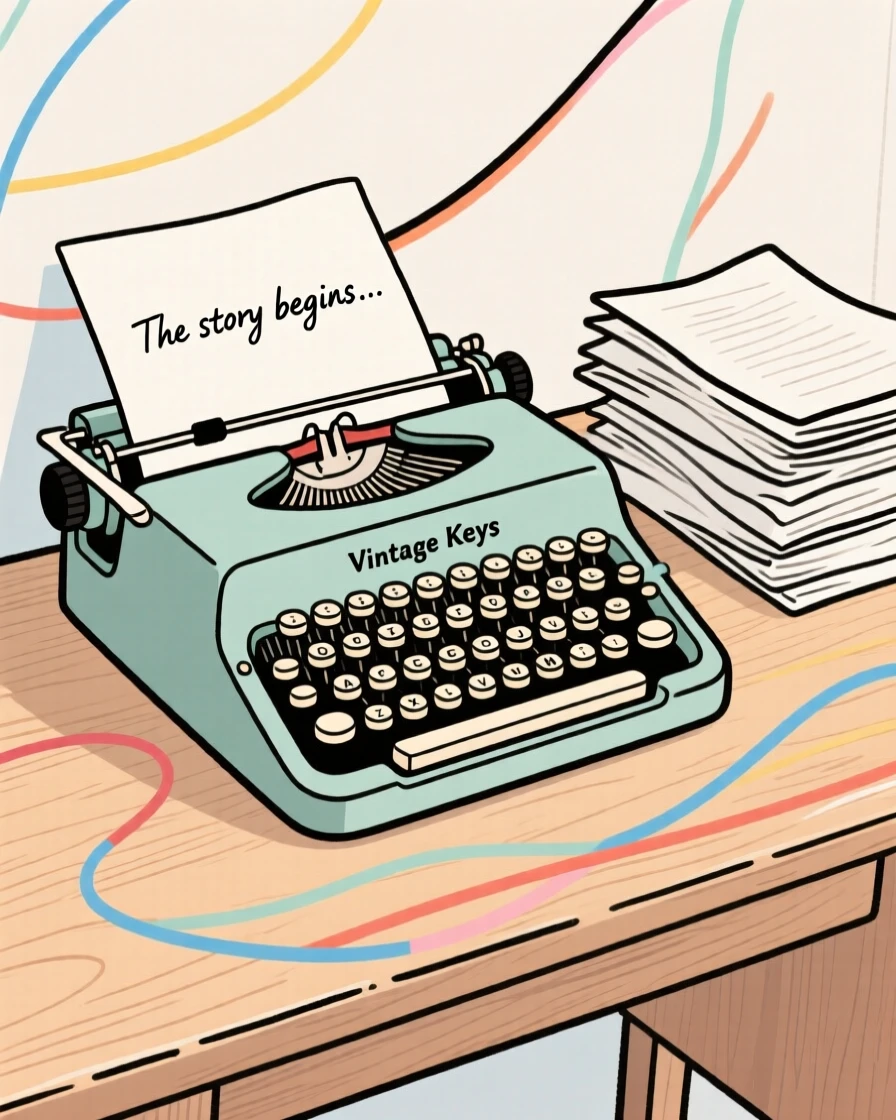 A vintage typewriter sitting on a wooden desk beside a stack of paper.