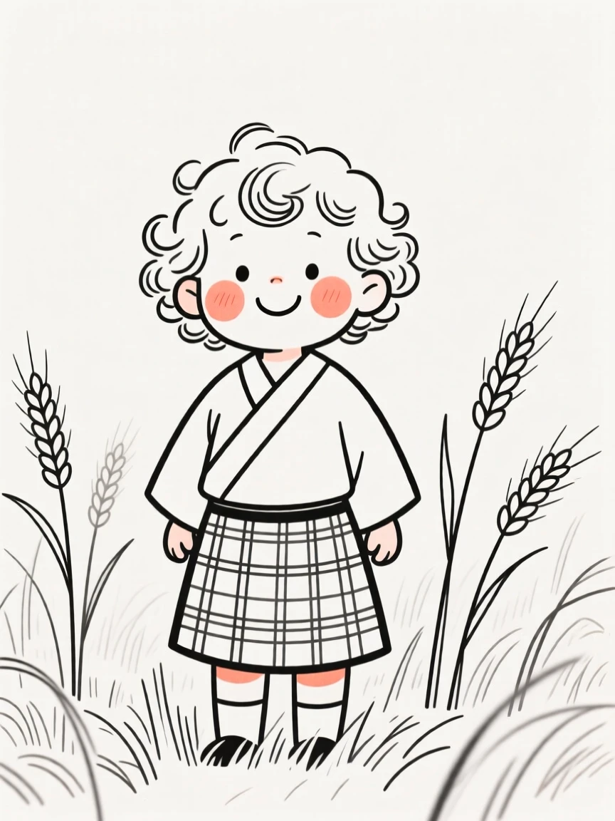A curly-haired toddler of Korean heritage wearing a Scottish kilt, smiling warmly, in a wheat field at harvest.