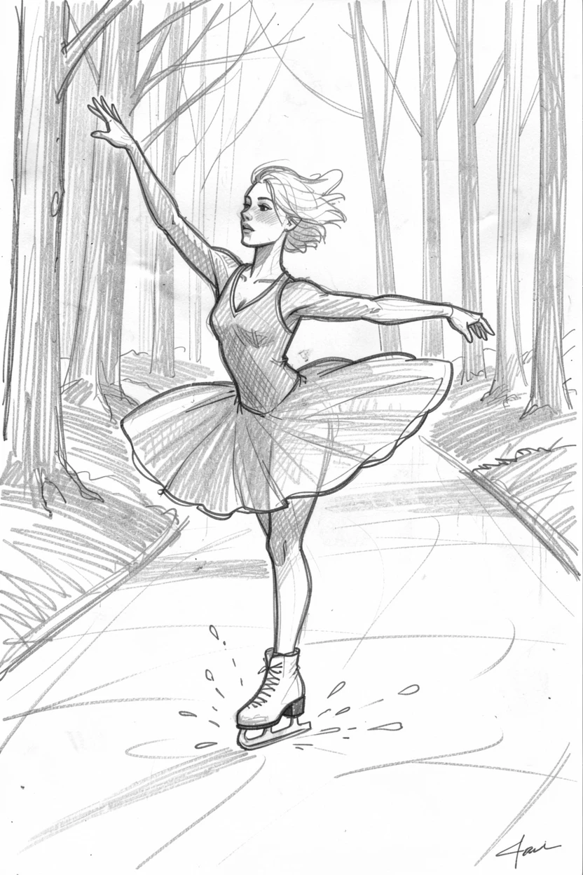 A dynamic action shot of a figure skater spinning gracefully on ice on a quiet forest trail, with spray catching the sunlight.