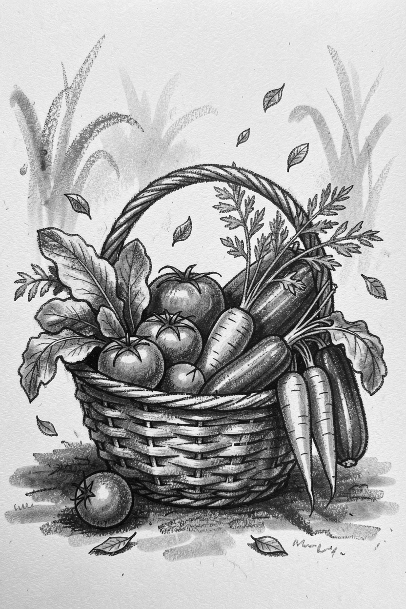 A basket overflowing with fresh garden vegetables, with a light breeze stirring the surroundings.