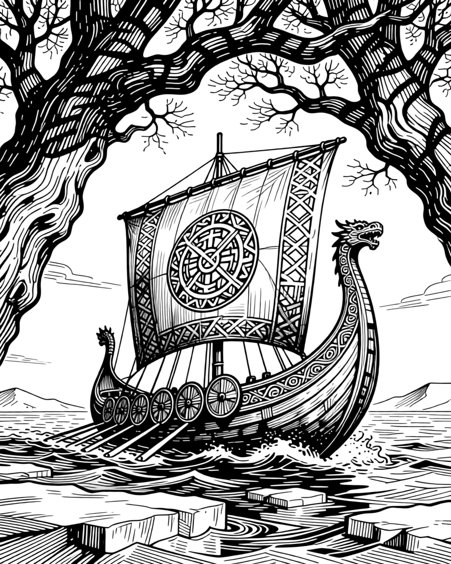 A viking longship cutting through icy waters beneath the shade of ancient trees, with intricate patterns woven into the fabric, portrayed in a timeless and reverent historical scene.