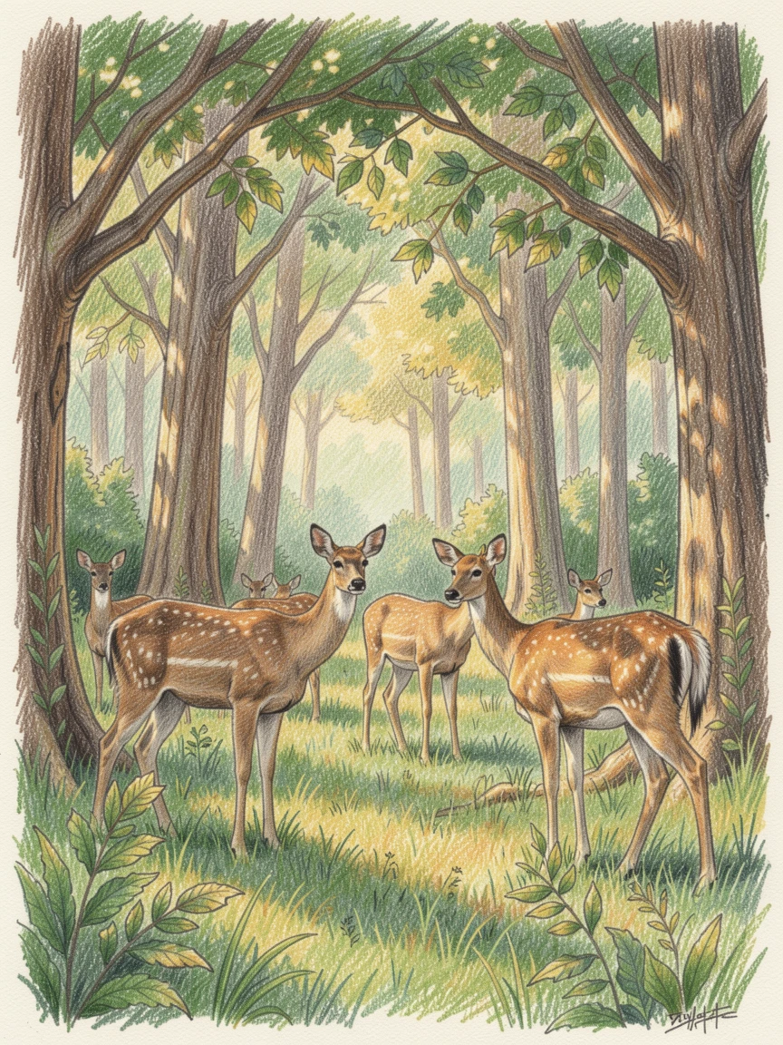 A woodland clearing where deer gather beneath dappled light, with a gentle play of light and shadow across the composition, evoking nostalgia and a deep sense of contentment.