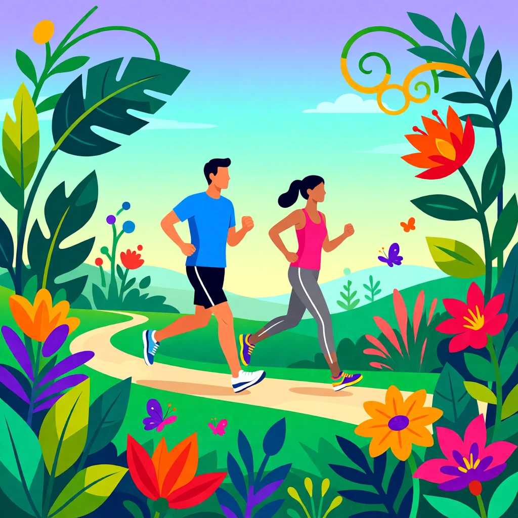 Colorful illustration of two people jogging through a vibrant landscape with stylized plants and flowers.