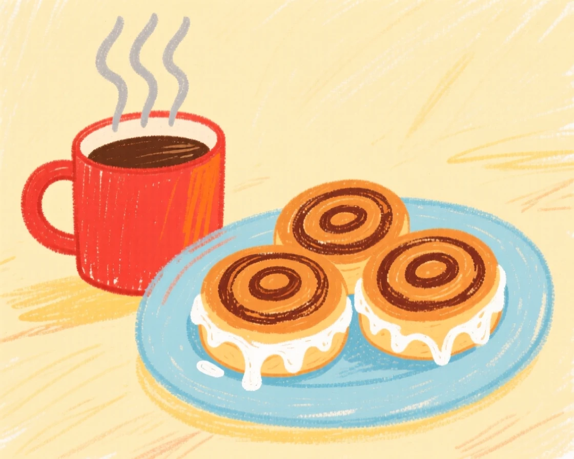 A steaming mug of coffee beside a plate of cinnamon rolls.