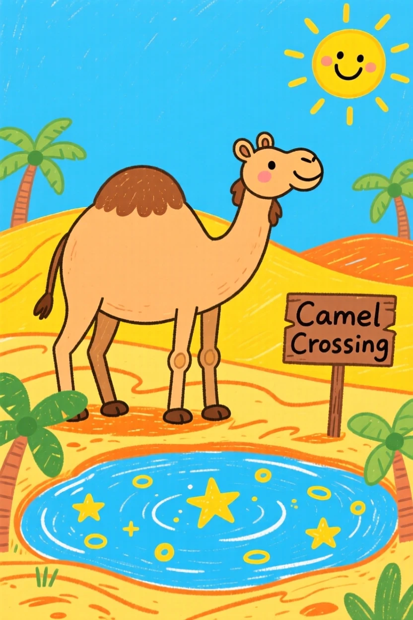 A camel crossing golden dunes beside a sparkling watering hole.
