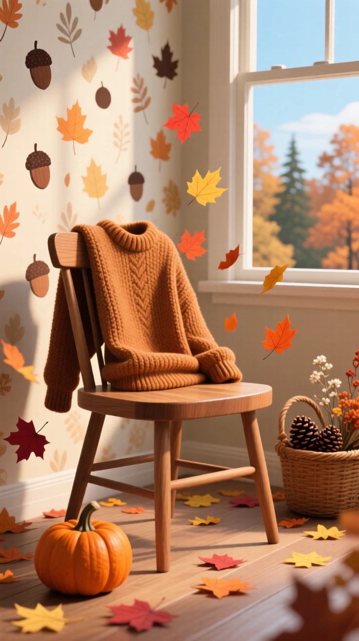 A cozy autumn sweater draped over a chair near falling leaves, set within a cozy, seasonally decorated space, arranged with a nostalgic, seasonal storybook quality, with a fresh, crisp atmosphere throughout.