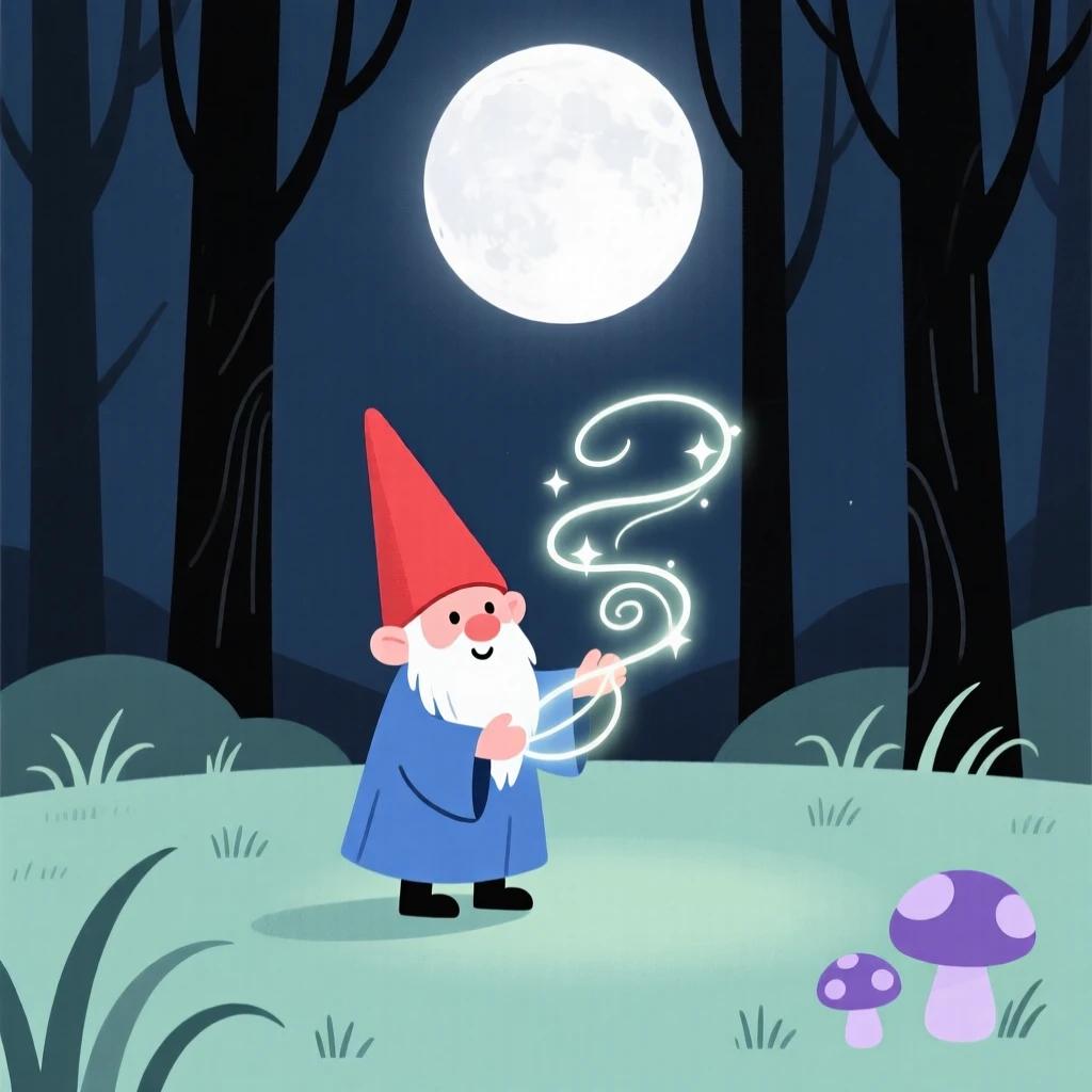 A tiny gnome weaving spells of light near a moonlit clearing.
