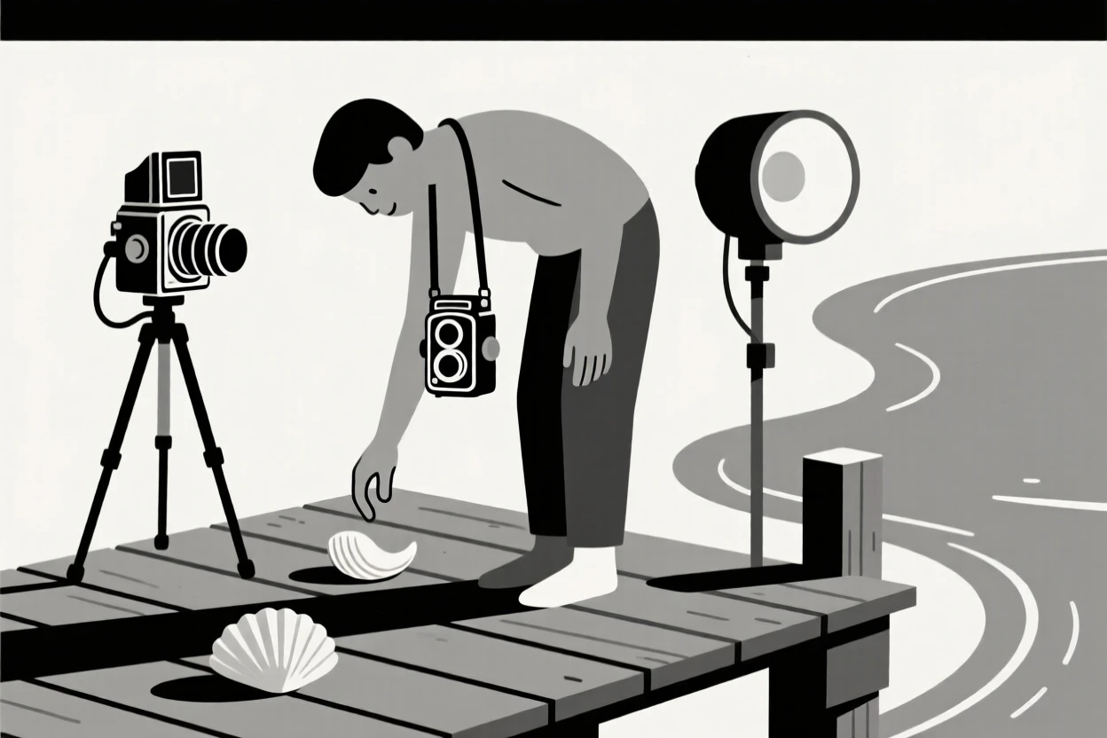 A person collecting seashells on a beach in a lakeside dock, surrounded by vintage camera equipment, showing quiet satisfaction.