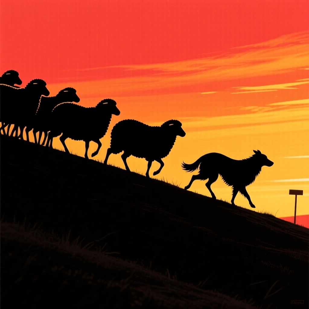 A herd of sheep being guided across a hillside by a lone sheepdog.