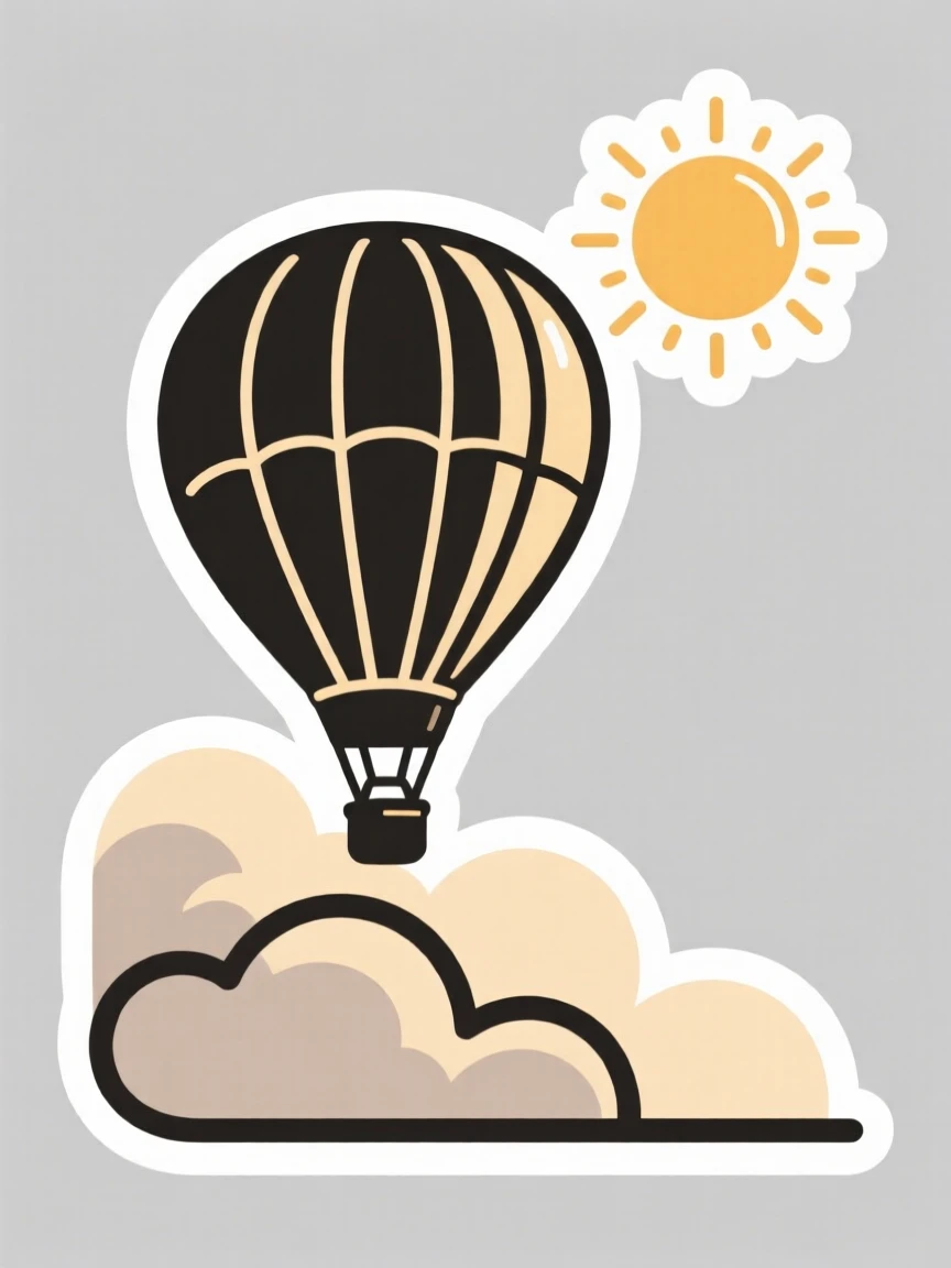 A gently uplifting scene of a hot air balloon rising above the clouds toward the sun, bathed in warm golden light, symbolizing quiet strength and resilience.