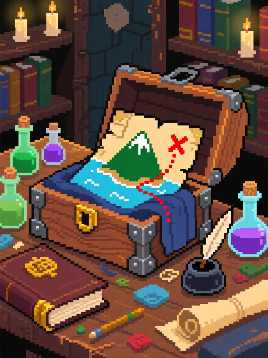 A map leading to a hidden island wrapped in a cloth inside a wooden box, inside a wizard's cluttered study.
