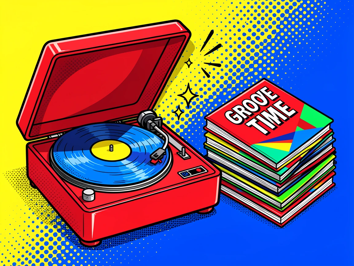 A vintage record player spinning beside a stack of album covers
