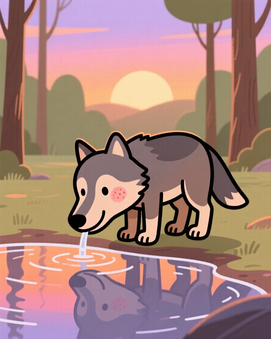 A wolf stands at the edge of a forest clearing, drinking from the water as the setting sun paints the sky in warm colors.