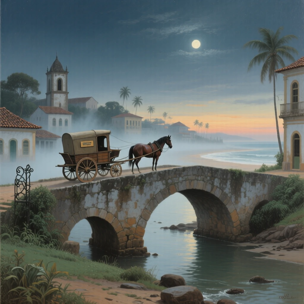 A wide establishing shot of a rural mail carriage crossing a stone bridge in early morning fog, in a Brazilian coastal town, under the night sky, in a light morning mist.