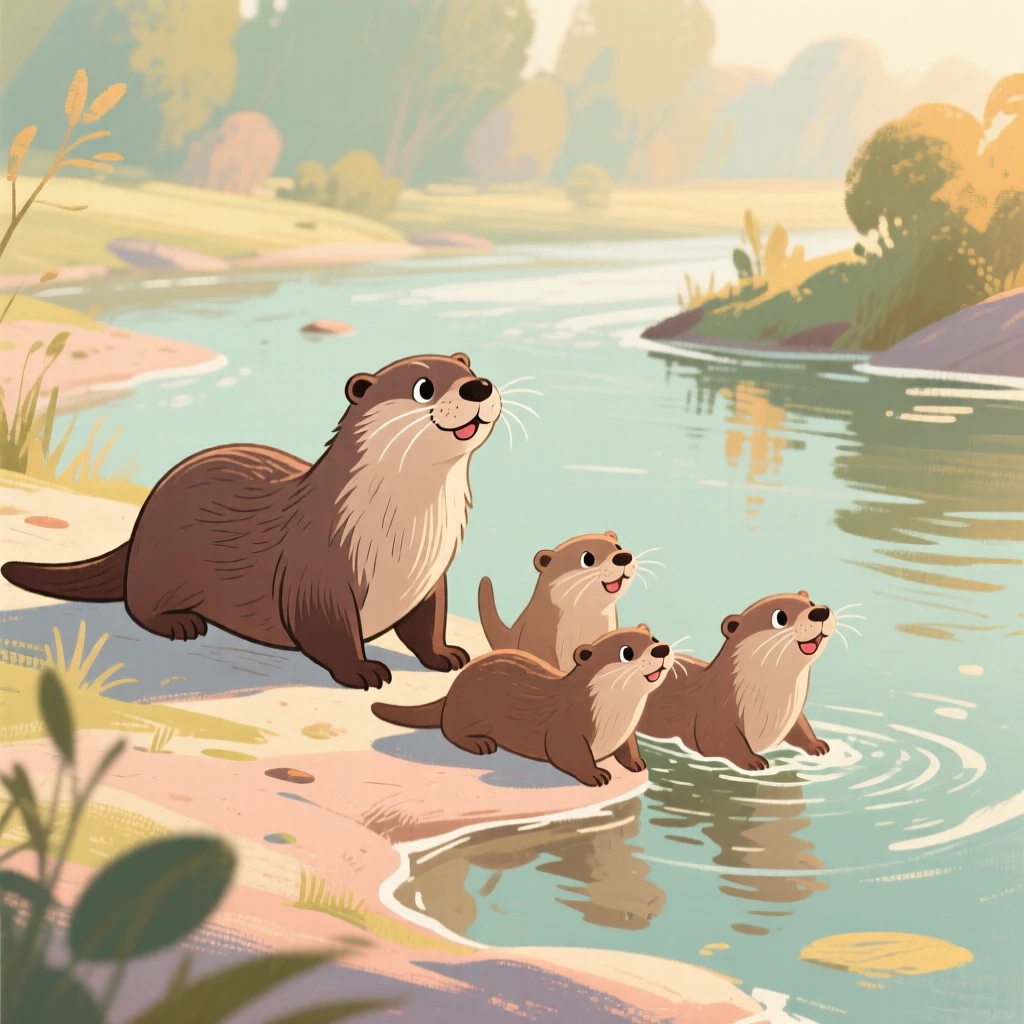A family of otters playing along a riverbank