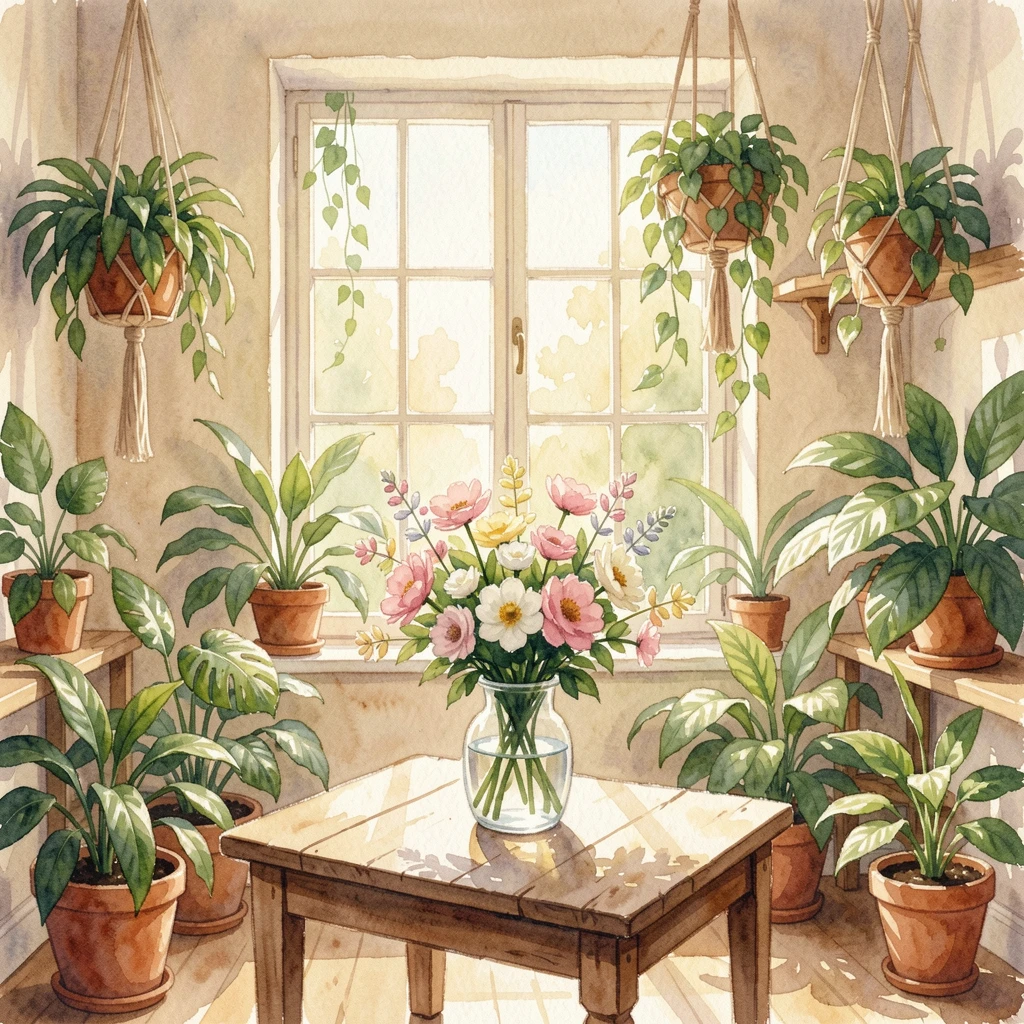 A study filled with houseplants and sunlight with a vase of fresh flowers on the table.