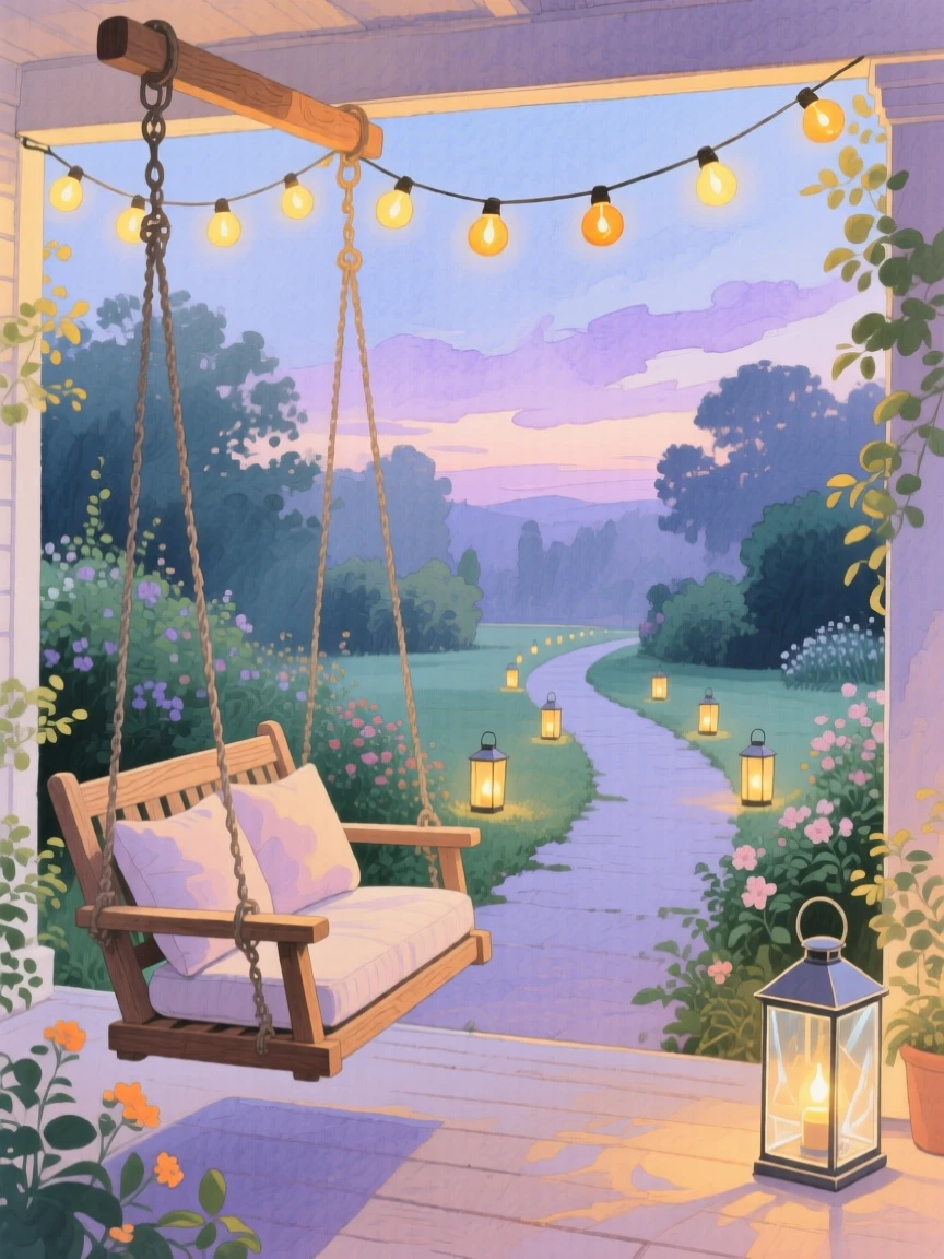 A porch swing beneath string lights overlooks a garden path lined with lanterns as evening settles in
