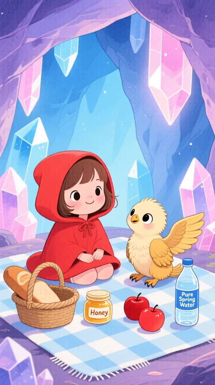 A little girl in a red hooded cloak sharing a picnic with a shy baby griffin inside a glowing crystal cave.