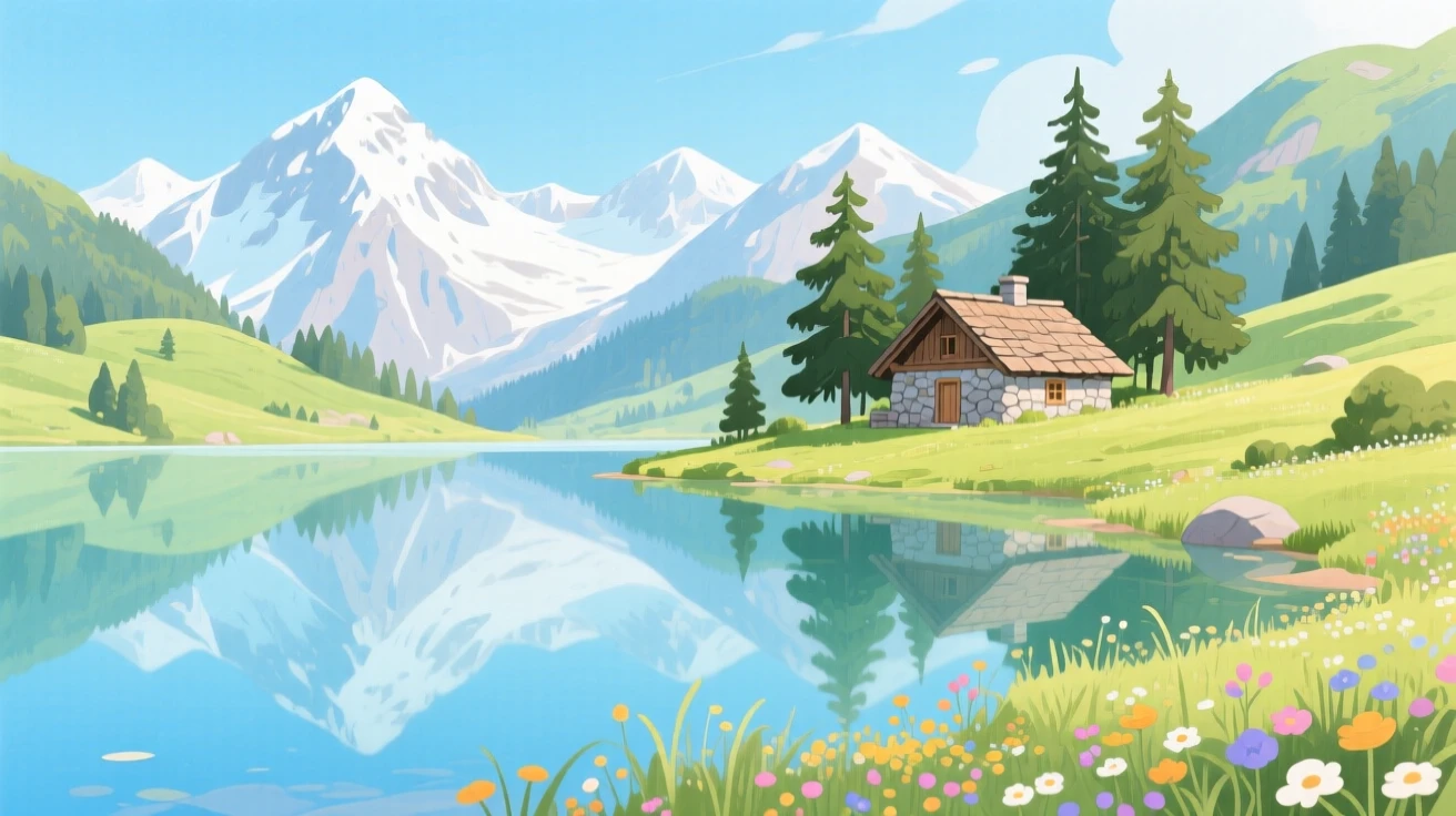 A crystal-clear alpine lake reflecting snow-capped peaks, with a small stone cottage nestled in the distance, radiating natural splendor and tranquility.