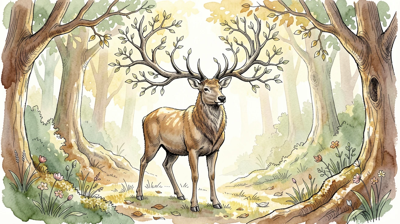 A great stag with antlers made of living branches standing in an enchanted grove, the atmosphere charged with quiet, ancient magic.