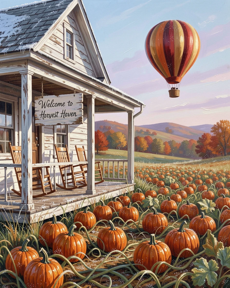 Beside a rustic farmhouse with a wraparound porch, a pumpkin patch under a crisp autumn sky, a hot air balloon rising above the autumn hills, at first light, frost glittering on every surface.