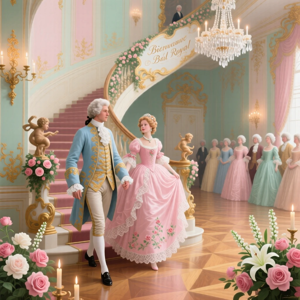 A grand ball opening with a prince and princess descending the staircase  
