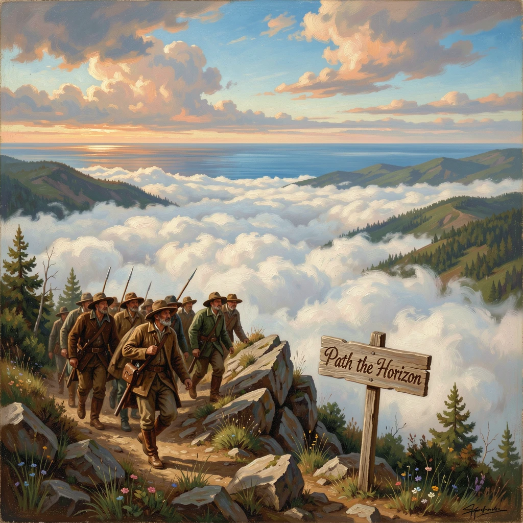 A band of hunters traverses a ridge overlooking a distant sea as clouds swirl below.