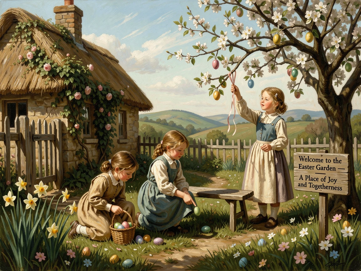 A springtime Easter egg hunt in a sunlit backyard garden, as the whole scene radiates warmth and togetherness, radiating comfort, celebration, and heartfelt togetherness