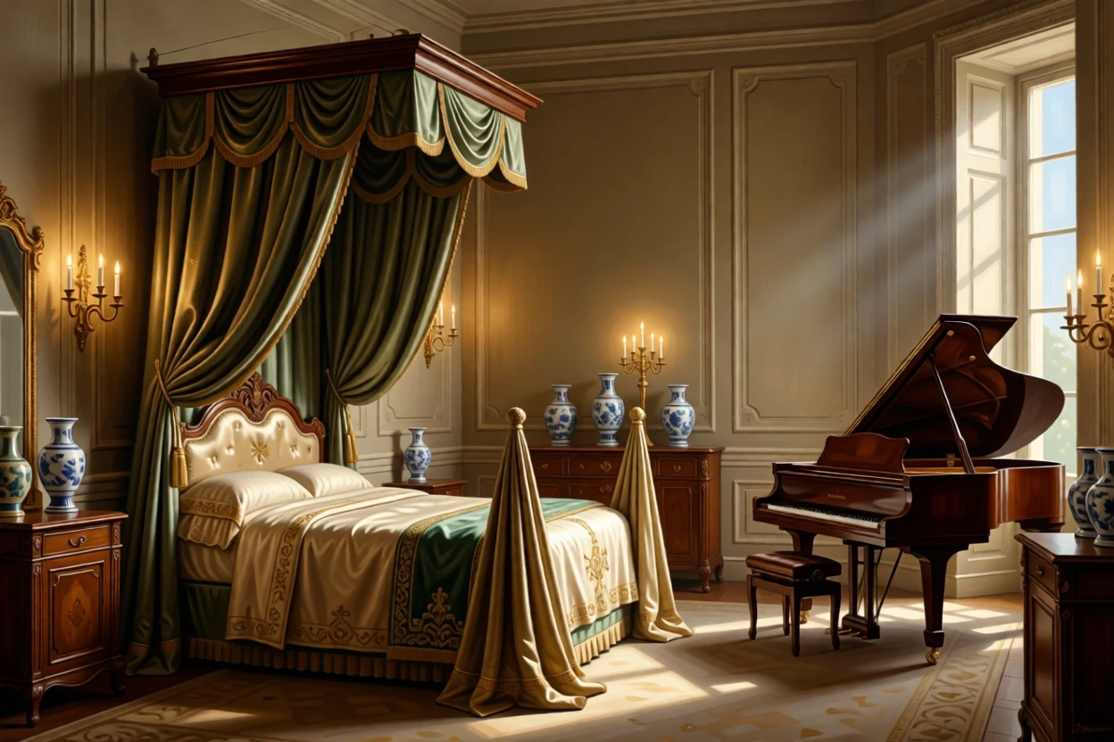 A royal bedchamber with silk draperies and a canopied bed awaiting the arrival of guests soon to fill its halls, set within a royal residence steeped in history, with a single grand piano standing beneath a shaft of window light; warm interior light contrasts with cool light spilling in from outside, evoking timeless grandeur and quiet reverence.