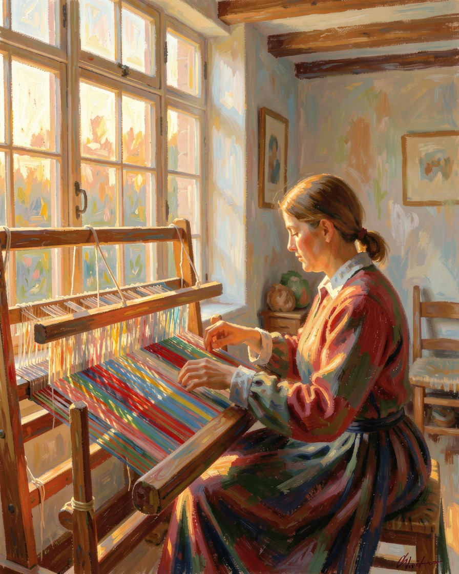 A weaver working at a traditional loom, colorful threads catching the light of a nearby window, at golden sunrise.