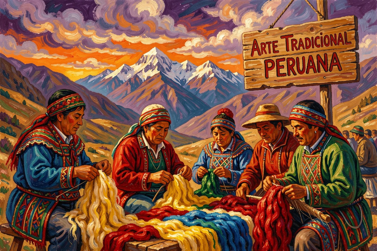 Traditional Peruvian weavers dyeing wool in vibrant colors beneath an Andean sky.