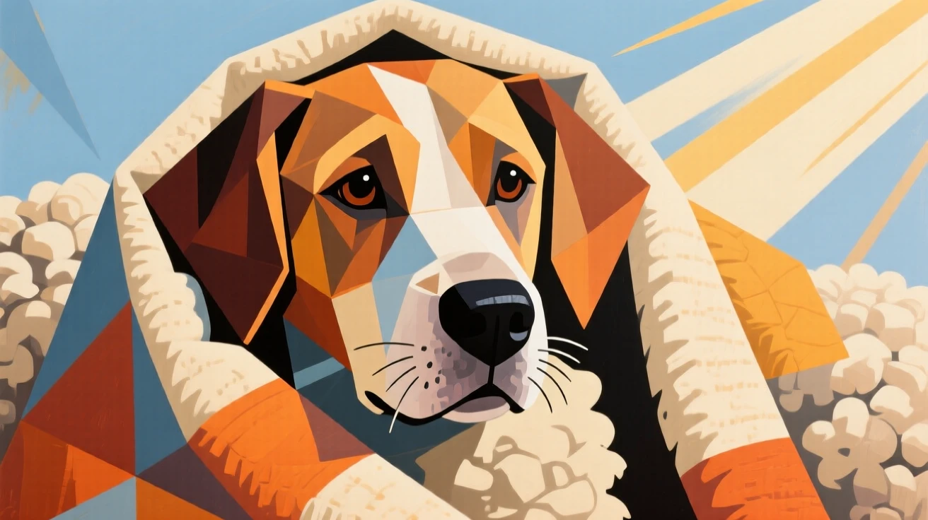 A charming close-up of a loyal old sheepdog peeking out from beneath a cozy blanket on a bright afternoon.