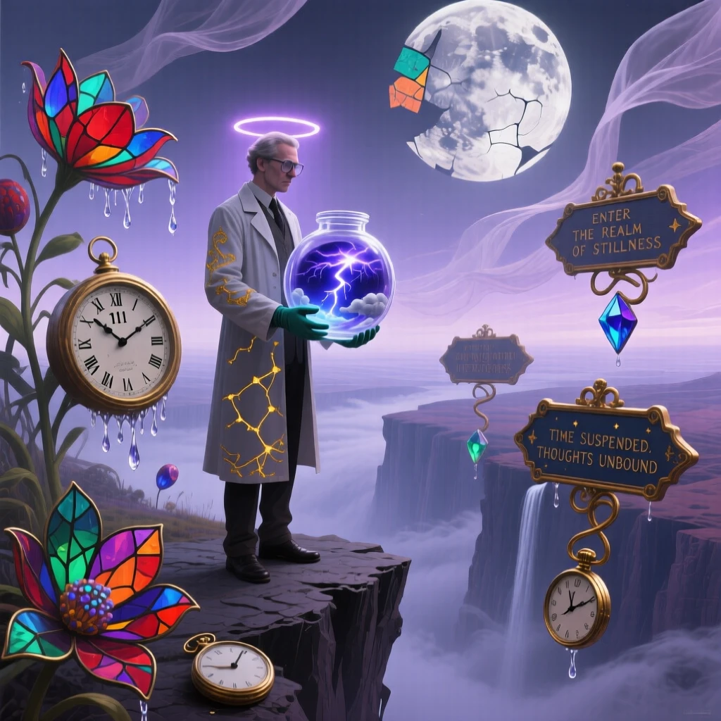 A scientist examining a tiny captured storm inside a glass jar pauses thoughtfully at the edge of an unfamiliar world, as everything around them holds still in quiet reverence.