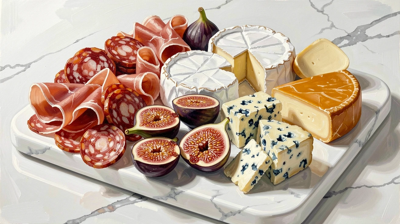 A elegant charcuterie board overflows with cured meats, artisan cheeses, and fresh figs arranged beautifully on a marble slab, natural light gently highlighting the colors and shapes of the dish from above.