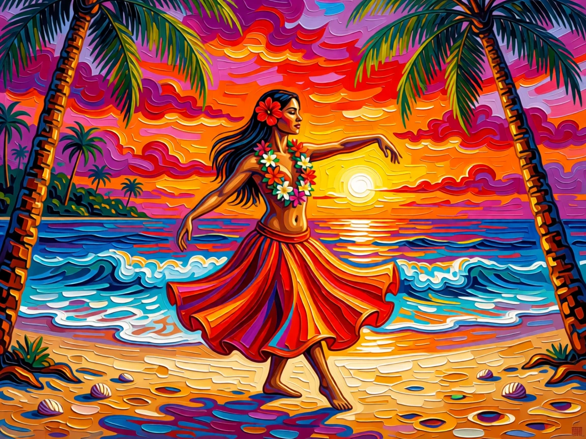 A traditional Hawaiian hula dancer performing on a beach at sunset, lei of fresh flowers around her neck