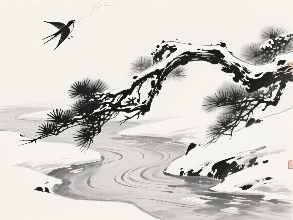 Snow-laden pine branches bend low over a frozen mountain stream, as a single bird calls out across the silent landscape.