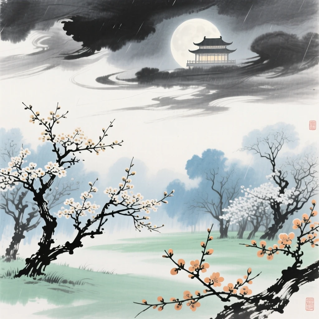 The moon palace glowing softly above a garden of frozen osmanthus trees, touched with gentle melancholy, as spring blossoms unfold, under clearing skies after a storm.