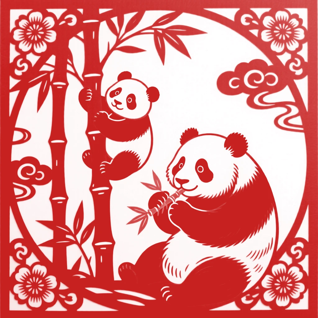 A giant panda cub climbing a bamboo stalk while its mother watches from below, munching on fresh shoots