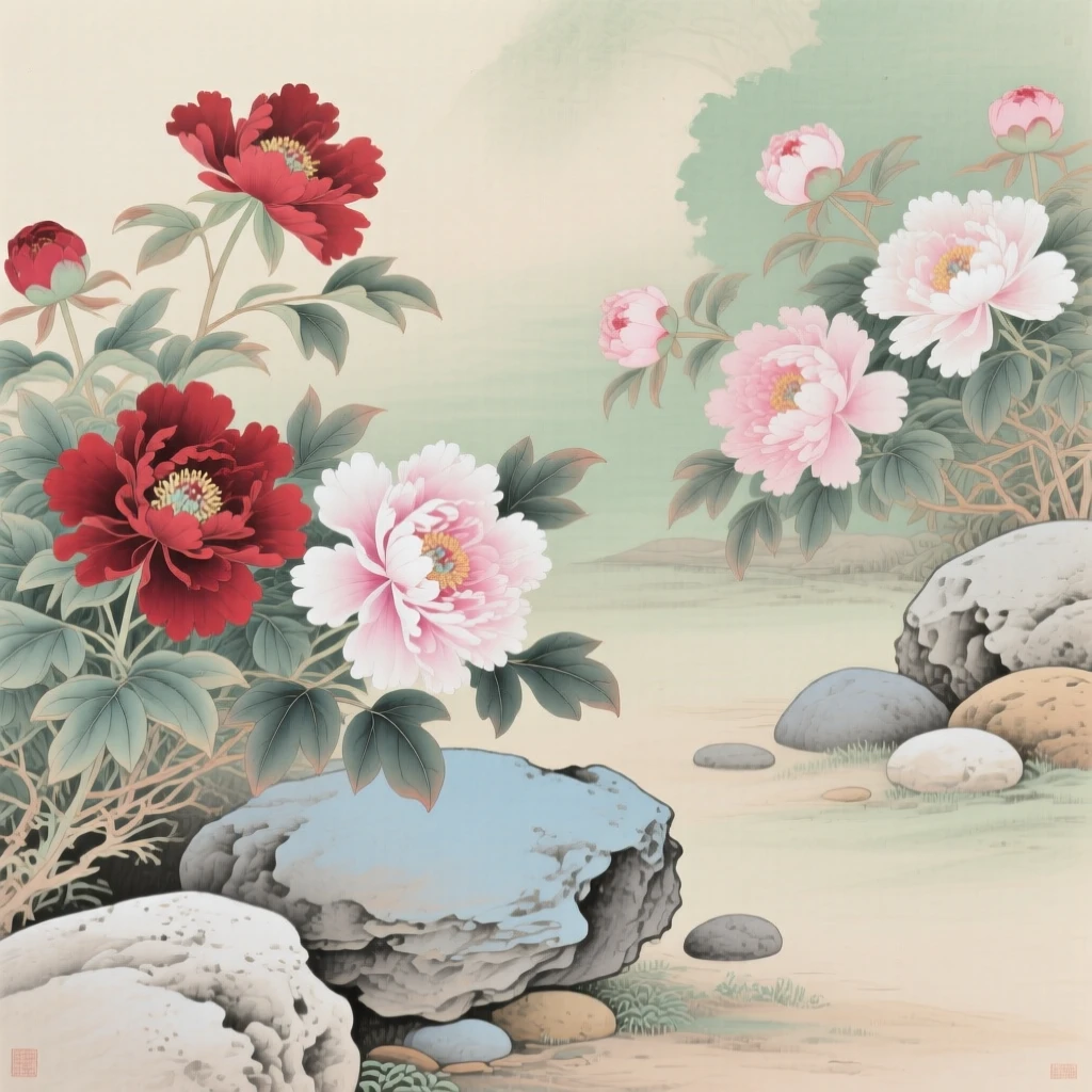 Peonies in full bloom scattered across smooth garden stones