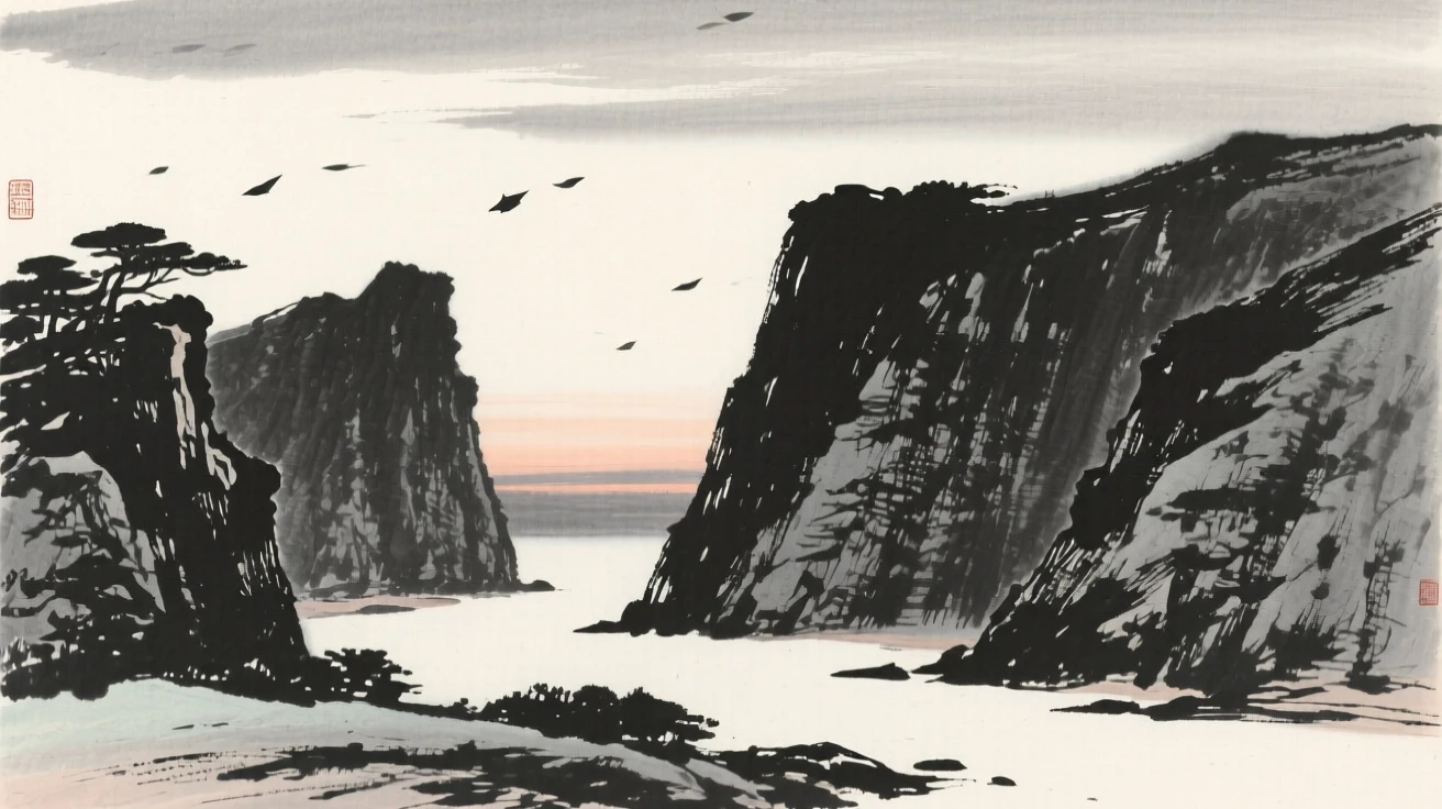 A secluded cove framed by tall standing cliffs as evening shadows stretch long across the land, composed with wide open space above to emphasize the scale of the sky, conveying calm reflection and gentle isolation.