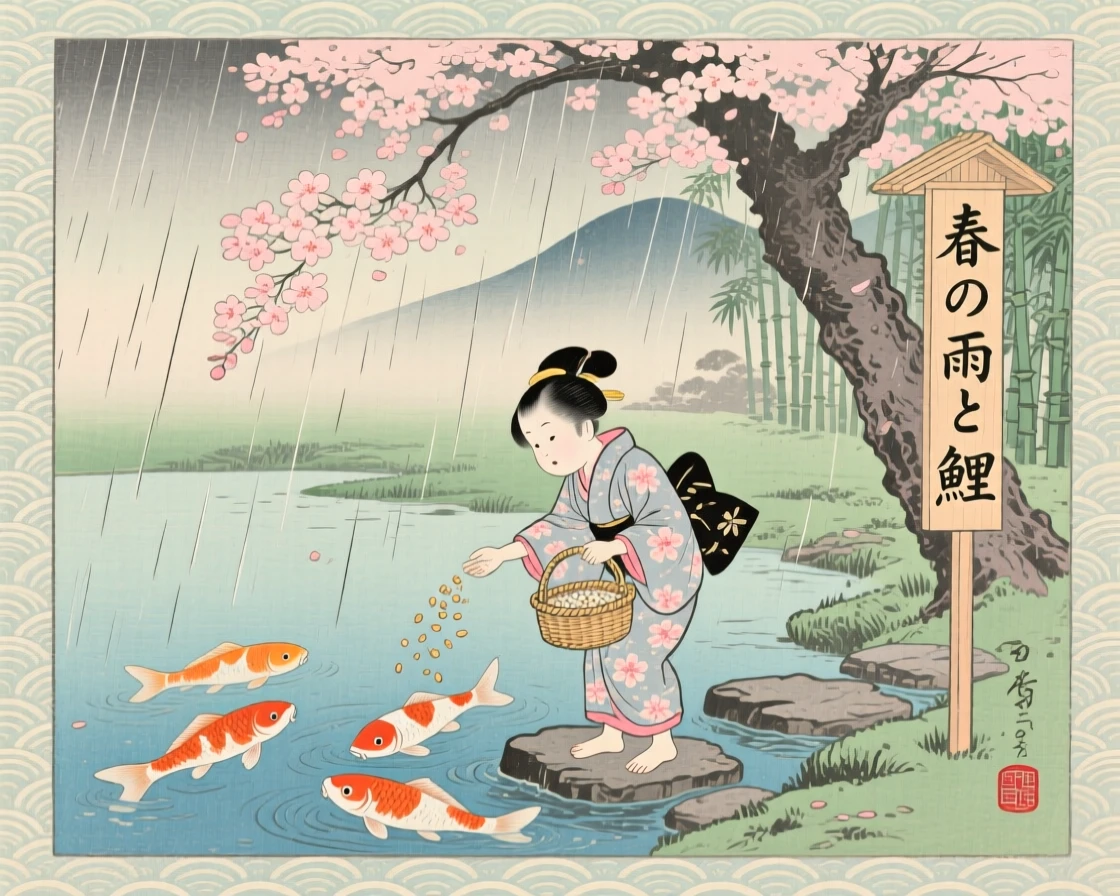 A child feeding koi walking together through a gentle spring rain.